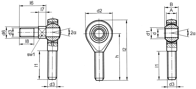 Rod ends DIN ISO 12240-4 (DIN 648) K series maintenance-free version for high load with threaded bolt male thread - Dimensional drawing