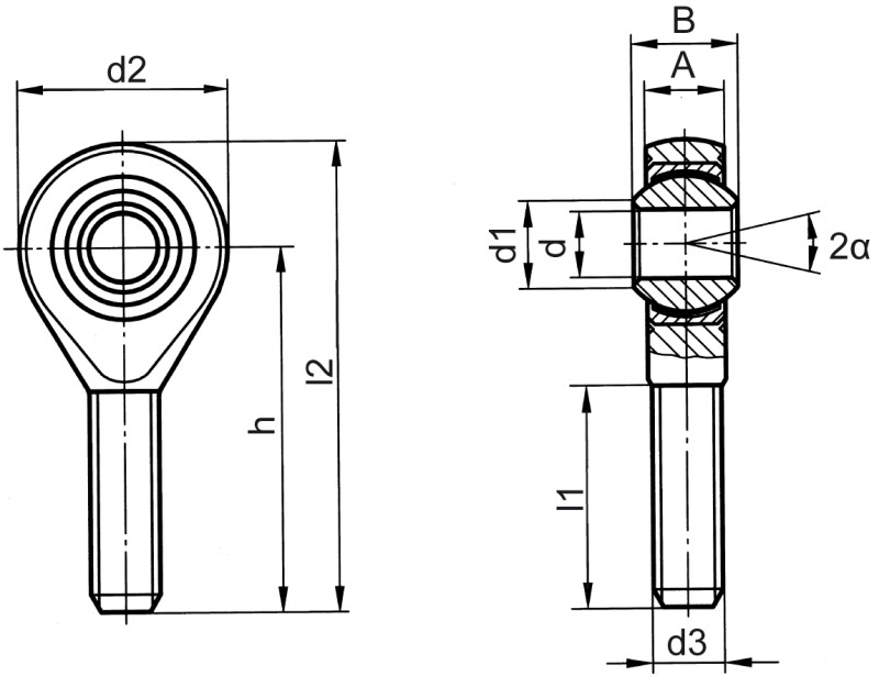杆端，DIN ISO 12240-4 (DIN 648) K 系列，免维护版，外螺纹 - Dimensional drawing