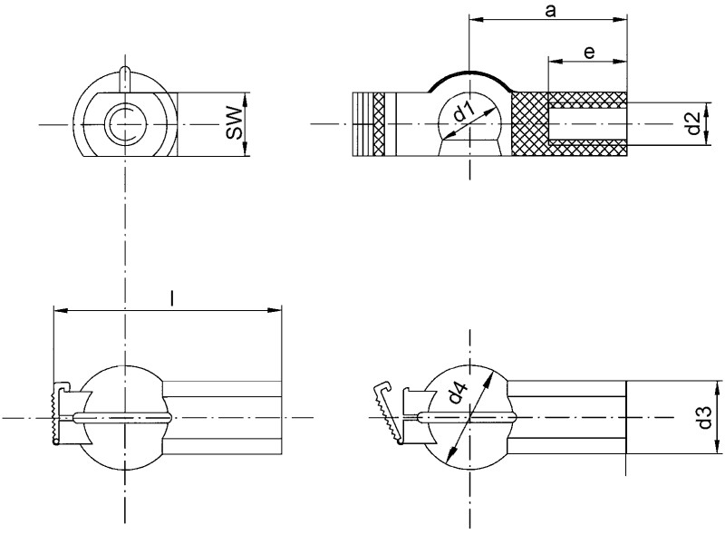塑料制成的球座，类似于 DIN 71805，带夹紧支架 - Dimensional drawing
