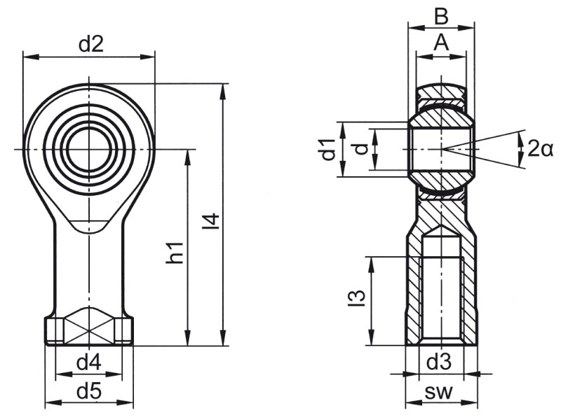 杆端，DIN ISO 12240-4 (DIN 648) K 系列，免维护版，不锈钢，内螺纹 - Dimensional drawing