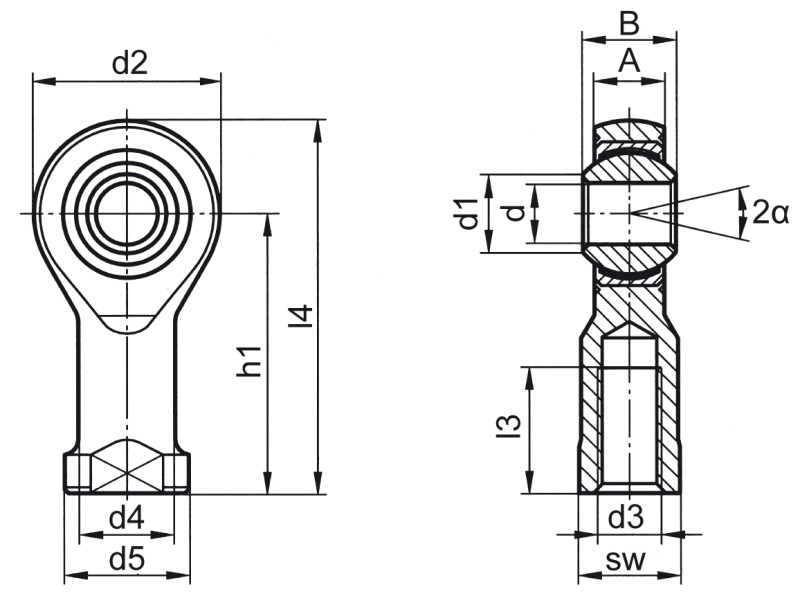 杆端,DIN ISO 12240-4 (DIN 648) K 系列,免维护版,不锈钢,内螺纹 - Dimensional drawing 杆端,DIN ISO 12240-4 (DIN 648) K 系列,免维护版,不锈钢,内螺纹 - Dimensional drawing