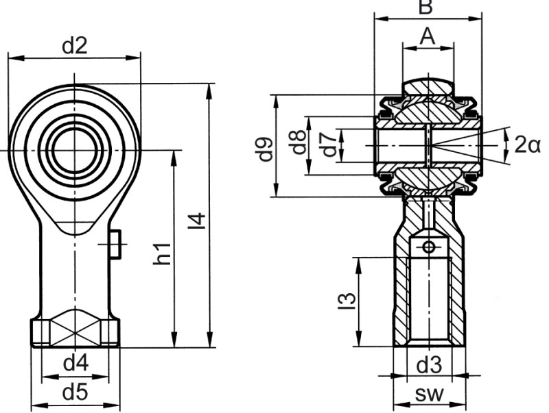 Rod ends DIN ISO 12240-4 (DIN 648) K series high performance version with sealing female thread - Dimensional drawing