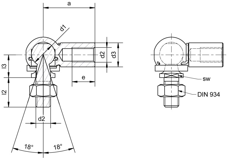 角接头，类似于 DIN 71802 CS 型，带密封帽 - Dimensional drawing