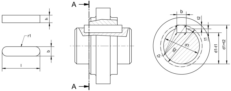 Parallel keys DIN 6885 form A round-ended, high-sized version - Dimensional drawing Parallel keys DIN 6885 form A round-ended, high-sized version - Dimensional drawing