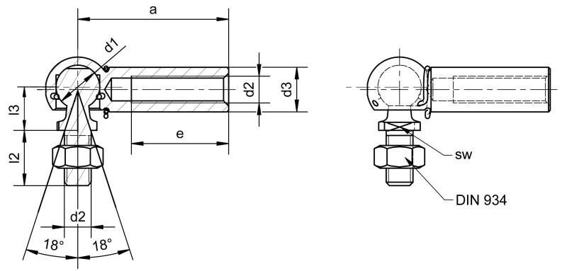 角接头，类似于 DIN 71802 CS 型，带螺柱和长球座 - Dimensional drawing