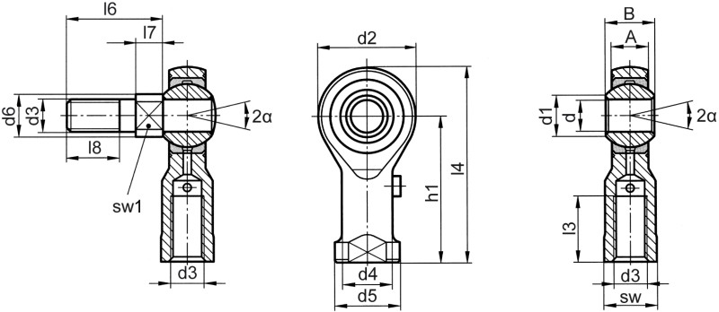 Rod ends DIN ISO 12240-4 (DIN 648) K series high performance version stainless steel with threaded bolt female thread - Dimensional drawing