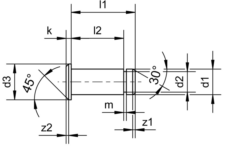 带固定器凹槽的螺栓（适用于 U 形夹） - Dimensional drawing