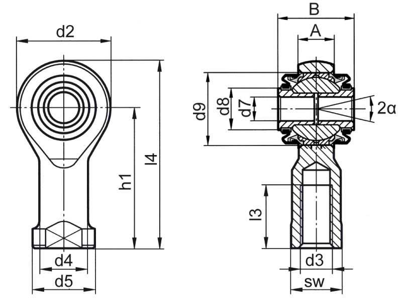 Rod ends DIN ISO 12240-4 (DIN 648) K series maintenance-free version for high load with sealing female thread - Dimensional drawing