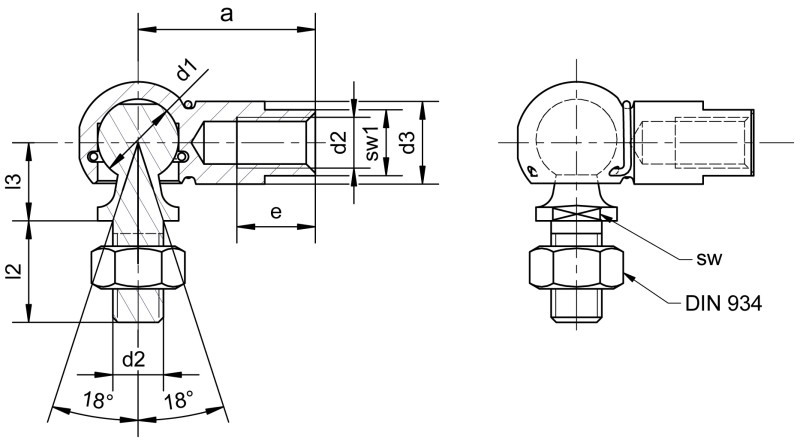 角接头，类似于 DIN 71802 CS 型，带螺柱和球座扳手表面 - Dimensional drawing