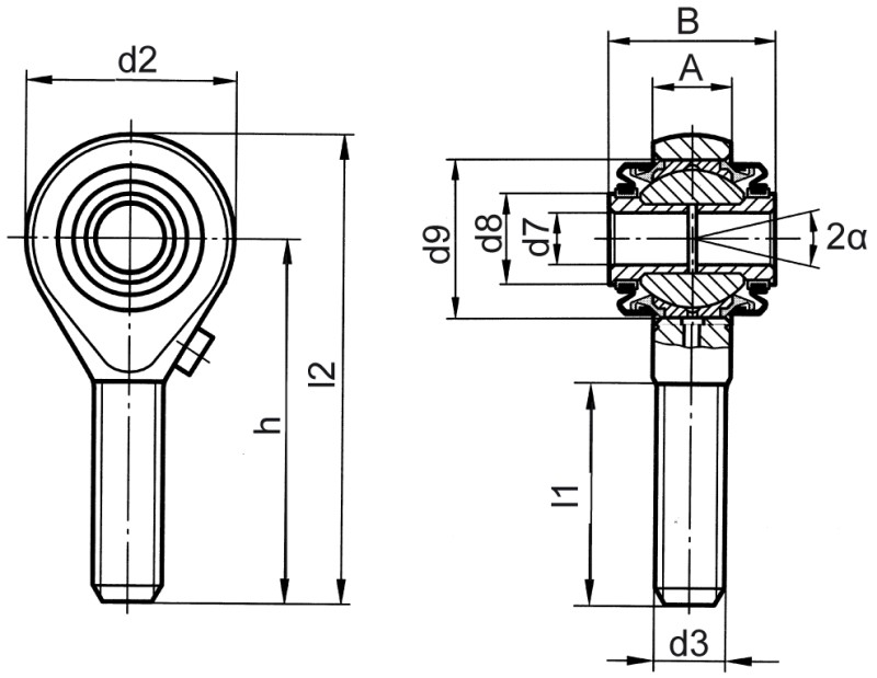 Rod ends DIN ISO 12240-4 (DIN 648) K series high performance version stainless steel with sealing male thread - Dimensional drawing