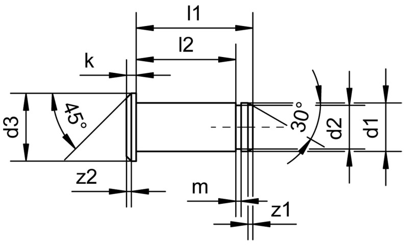 带固定环 DIN 471 凹槽的螺栓（适用于 U 形夹） - Dimensional drawing