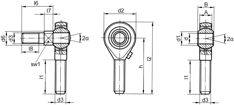 Rod ends DIN ISO 12240-4 (DIN 648) K series high performance version for high load with threaded bolt male thread - Dimensional drawing