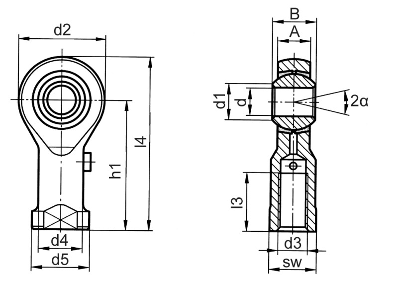 Rod ends DIN ISO 12240-4 (DIN 648) K series standard version female thread - Dimensional drawing