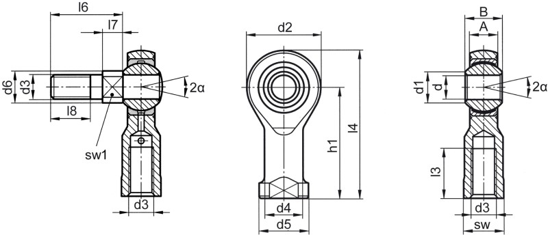 Rod ends DIN ISO 12240-4 (DIN 648) K series maintenance-free version for high load with threaded bolt female thread - Dimensional drawing