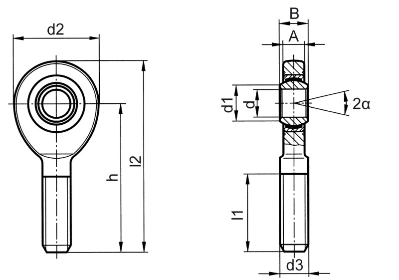 Rod ends DIN ISO 12240-4 (DIN 648) E series maintenance-free version male thread - Dimensional drawing