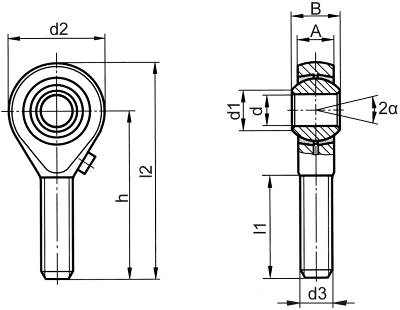 Rod ends DIN ISO 12240-4 (DIN 648) K series standard version male thread - Dimensional drawing